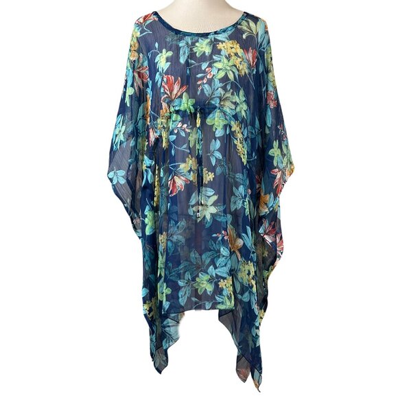 Sunflower Blue Floral Chiffon Sheer Kaftan Swim Cover-Up Size OS - Picture 1 of 10